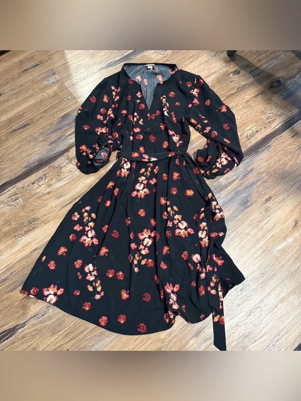 a new day Black Midi Wrap Dress with Red & Pink Floral Print